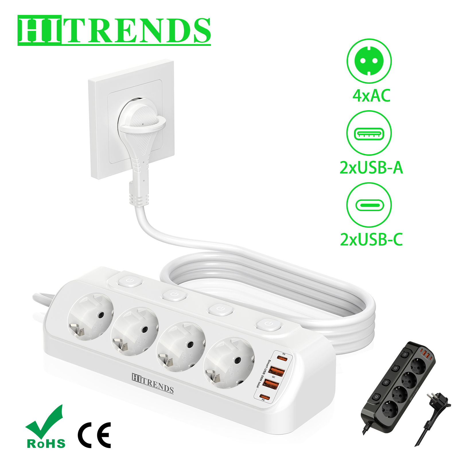 Smart Power Strip - Multiprise de bureau européenne multi-contact, multiprise